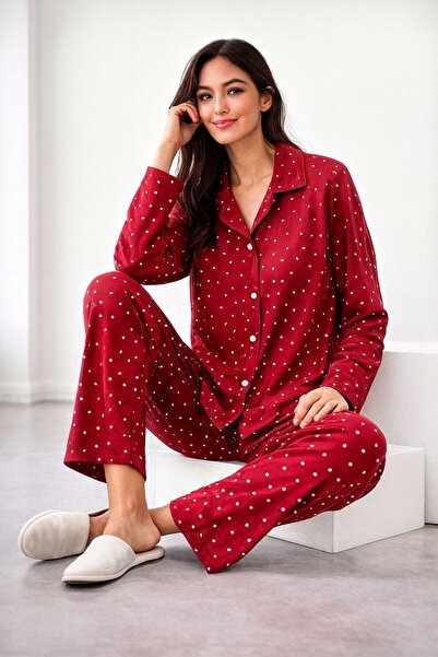 Hepyek Long Sleeve Front Button Suede Pajama Set