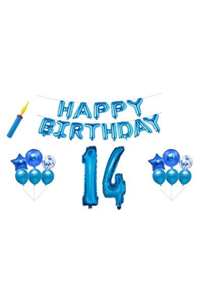 OEM Set baloane aniversare, 14 ani, „La mulți ani”, albastru, cadou pentru de...