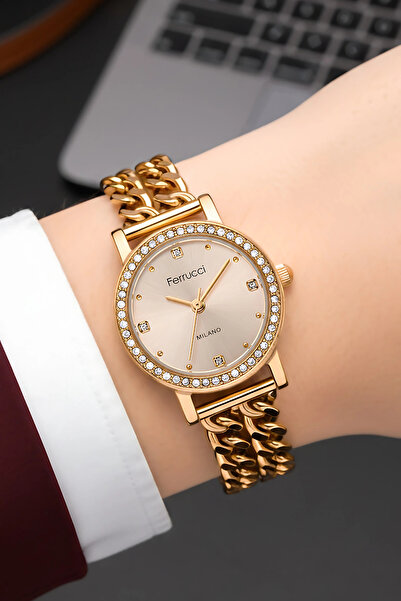 Ferrucci Steel Chain Cord Steel Case Women Wrist Watch Rose Gold Sdfer186