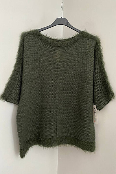 AYASOFYA OTANTIK Women's Italian Khaki Round Neck Plain Pattern Fringe Detail Three Quarter Sleeve Bearded Blouse Sweater