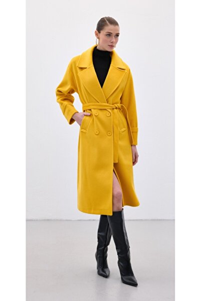 Sateen Long Cashmere Coat with Tie