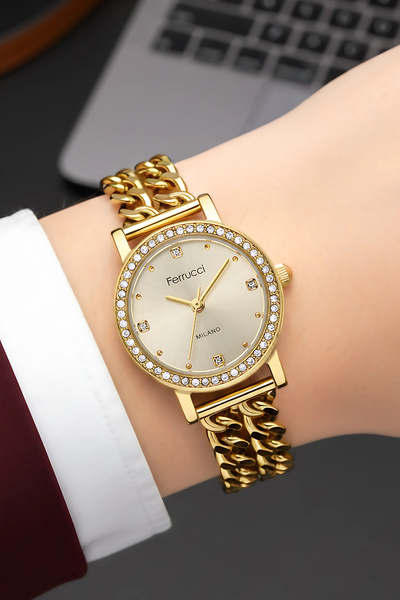 Ferrucci Steel Chain Cord Steel Case Women Wrist Watch Gold Sdfer186