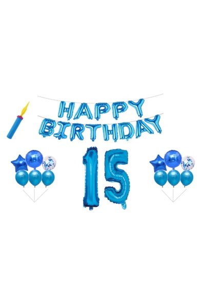 OEM Set baloane aniversare - 15 ani „La mulți ani”, albastru, decor tort, 30 buc