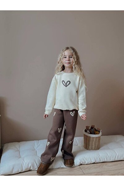 ARBİ kids Girl Child Heart Pattern Three Yarn Fleece-Lined Winter Squishy Brown Suit