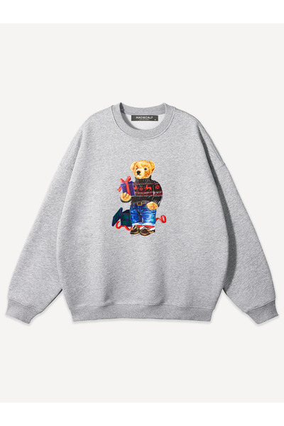 Mad&Calf Unisex Christmas Teddy Printed Crew Neck Oversized Sweatshirt