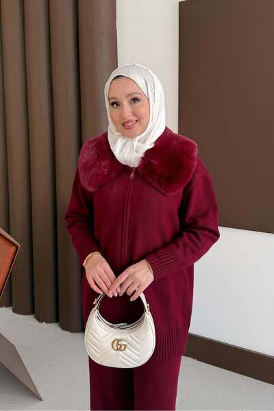 Rimel Moda Fur Collar Knitwear Set Burgundy