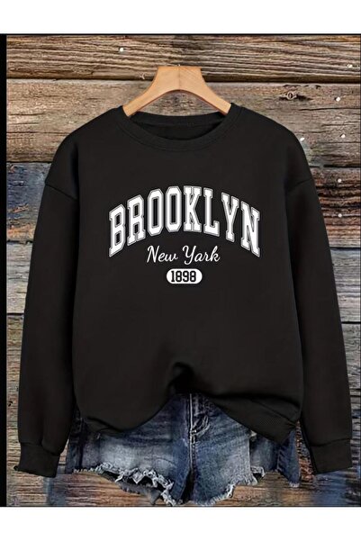 SELENA BUTİK Unisex Crew Neck Brooklyn Black Sweatshirt