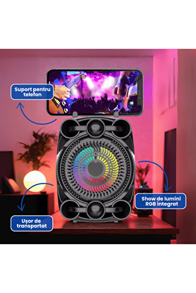 OferteTop Portable Bluetooth Speaker with RGB Lights, Powerful Bass and Phone Holder