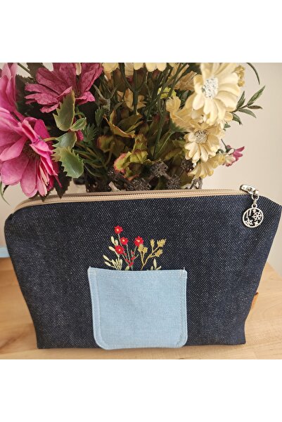myyasminhome Kasnak Nakışlı , Kot El Çantası %100 Handmade