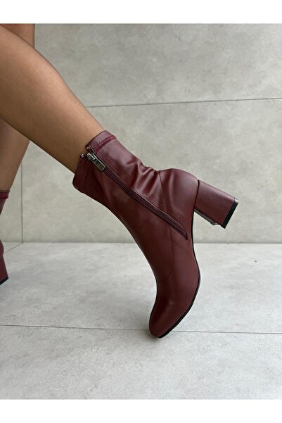 Elvinin Tarzı Viel Cherry Leather Oval Toe Women's Flexible Stretch Boots