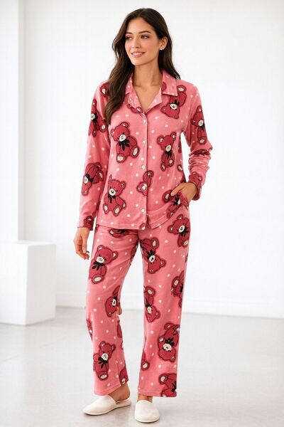 Hepyek Long Sleeve Front Button Suede Pajama Set