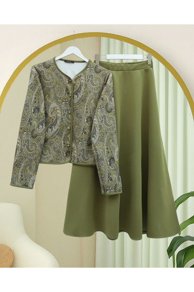 Modamorfo Ethnic Patterned Ball Button Scuba Suit - Olive