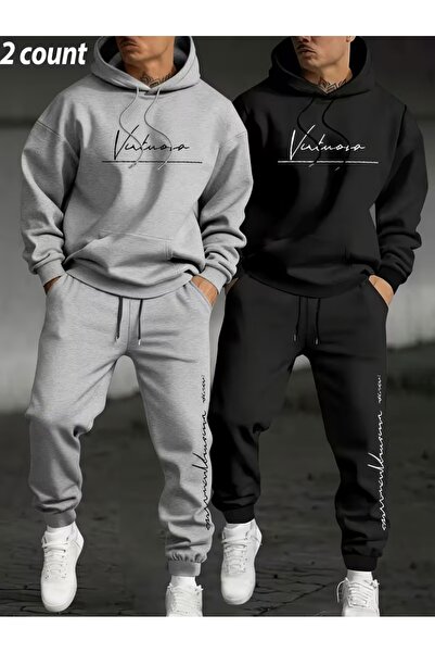 PAVRO Tracksuit Set Sweatshirt Jogger - Oversized Fleece-Lined 2-Piece Black/Gray Printed Hooded