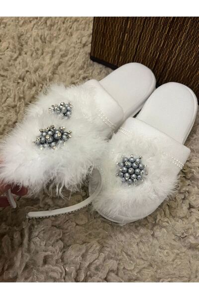 Fiyonks Atölye Maternity Slippers and Crown Set, Custom Made with Feather Brooch, Mother Set