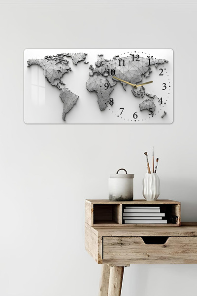 kutuTR 3D Görünümlü 2D UV Baskı Yatay Temperli Cam Saat Tablo – Geometrik Dünya Haritası – 60x30 cm-YSG038