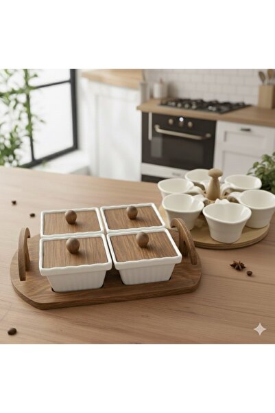 AENLINE HOME Ahşap Kapaklı 4’lü Seramik Kahvaltılık Seti + Kalpli 7’li Döner ...