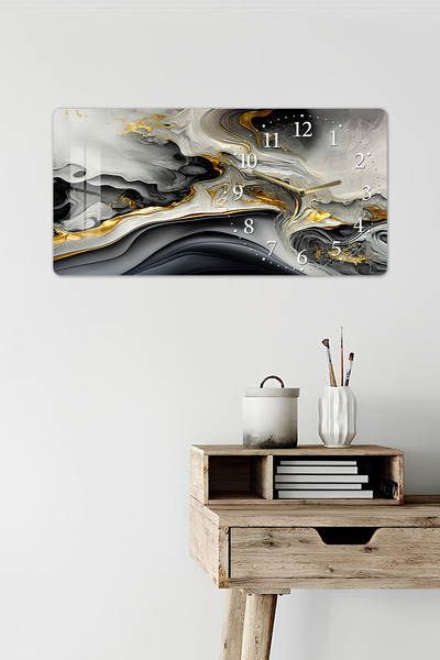 kutuTR 3D Görünümlü 2D UV Baskı Yatay Temperli Cam Saat Tablo – Soyut Mermer Desen – 60x30 cm-YSG033