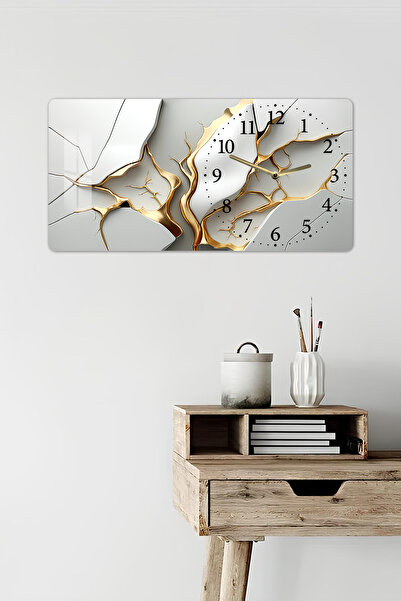kutuTR 3D Görünümlü 2D UV Baskı Yatay Temperli Cam Saat Tablo–Kintsugi Desenli Çatlak Form 60x30 cm-YSG035