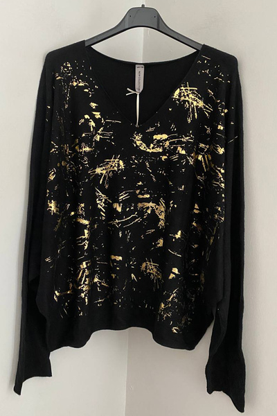 AYASOFYA OTANTIK بلوزة نسائية إيطالية سوداء بياقة على شكل حرف V ونقشة فرشاة مذهبة