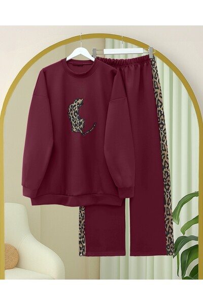 Modamorfo Scuba Suit with Leopard Figure and Patterned Trousers - Burgundy