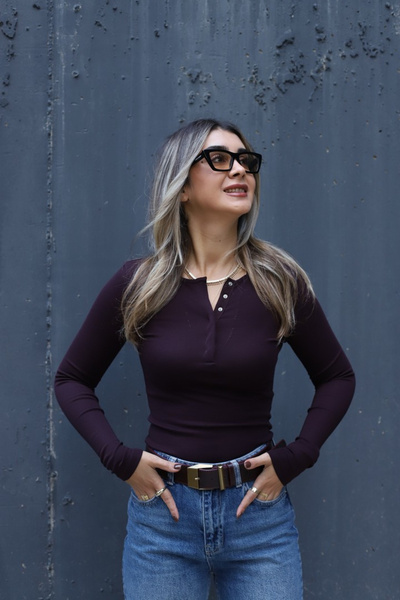 bytugcekaya Plum Front Snap Button Blouse