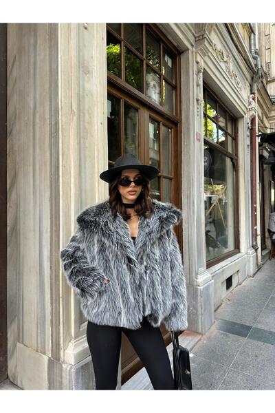 jumemas Lüks Kırcıllı Gri Kürk Kaban – Premium