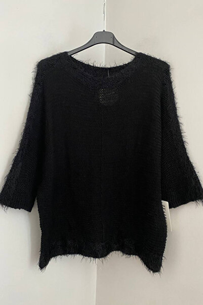 AYASOFYA OTANTIK Γυναικείο ιταλικό μαύρο πουλόβερ με στρογγυλή λαιμόκοψη με λ...