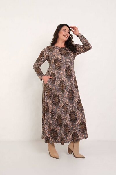 Truva XXL Warm Brown Pattern Printed Long Sleeve Comfortable Cotton Maxi Dress