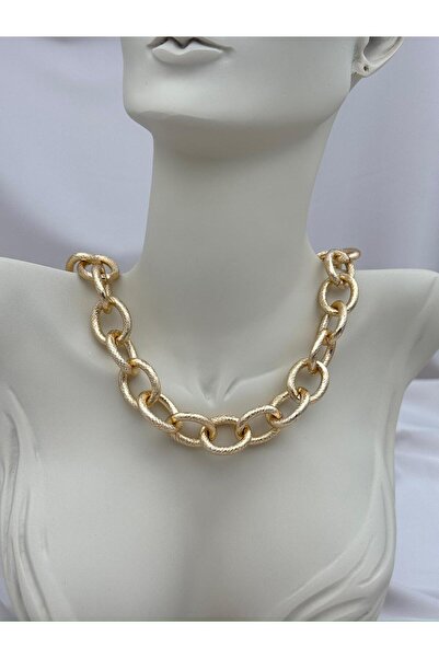 Luseda Çok Sıra Kalın Dokulu Oval Halka Zincir 55cm Gold Kolye