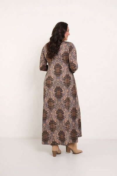 Truva XXL Warm Brown Pattern Printed Long Sleeve Comfortable Cotton Maxi Dress