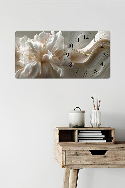 kutuTR 3D Görünümlü Temperli Cam Tablo – Beyaz Çiçek ve Dalga Deseni – UV Baskı 60x30 cm-YSG045