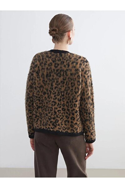 LC Waikiki Crew Neck Leopard Patterned Women's Knitwear Cardigan (W5)