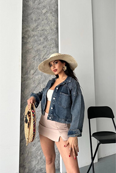 ZENGEZUR MALL Nrzsnt Double Pocket Sleeve Folded Snow Wash Crop Denim Jacket Coffee Tint D2000 Blue (224227) (Size: S