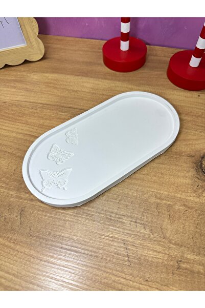 Lumaria Studio Decorative Oval Plate with Butterfly Detail 21X10 cm – White Color Plaster Tray |   Candle Holder & Jewelry Stand