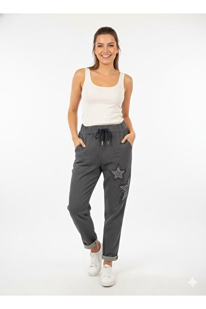 CELTMODA Women's Lace-Up Full Stretch Fabric Sequin Star Embroidered Italian Trousers - Gray