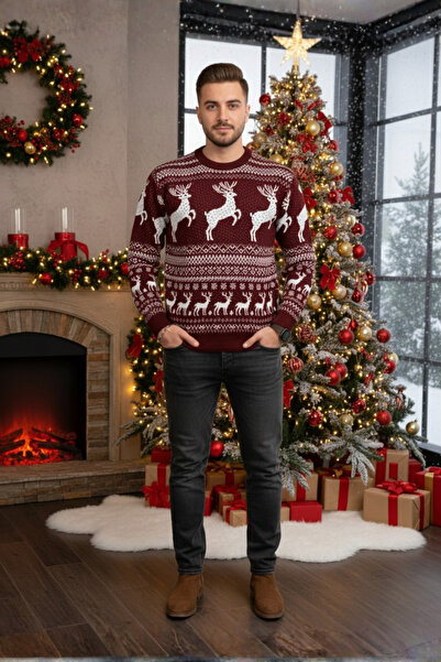 A&O Style Unisex Burgundy Regular Fit Crew Neck Christmas Deer Themed Knitwear Sweater