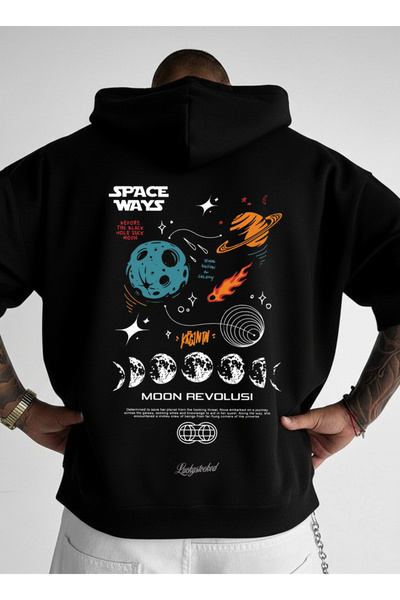 LORVEX Hanorac cu glugă oversize unisex 100% bumbac SPACE WAYS imprimat