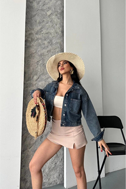 ZENGEZUR MALL Nrzsnt Double Pocket Sleeve Folded Snow Wash Crop Denim Jacket Coffee Tint D2000 Blue (224227) (Size: S