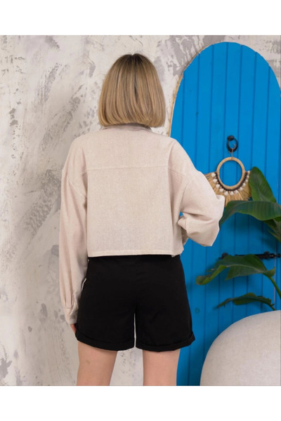 ZENGEZUR MALL Nrzsnt Belt Pocket Linen Crop Shirt Cream S255350 (224331) (Size: m)