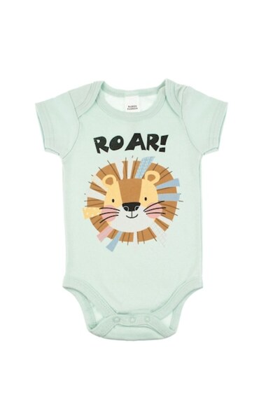 OEM mint green cotton baby bodysuit with lion "Roar!" print, short sleeves