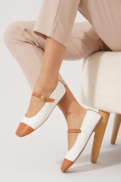 Moda Pie Retan Double Color Belted Women's Genuine Leather Ballerinas White Skin