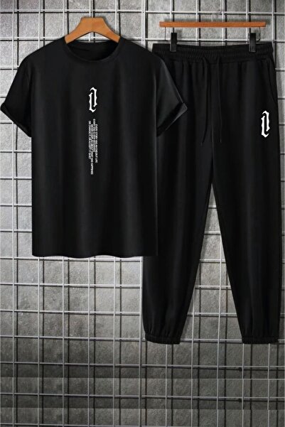 over head oh Men's Black Vertical Printed Oversized T-Shirt Jogger Set