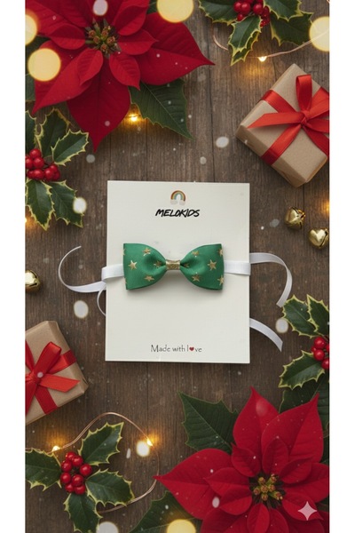MeloKids Christmas Themed Green Star Patterned Ribbon Bow Tie