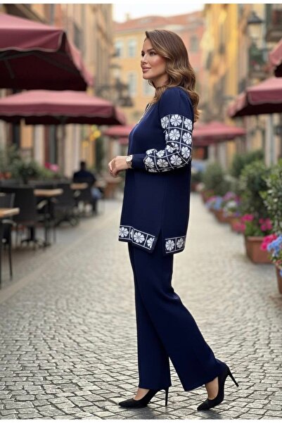 YusGos Women's Clover Patterned Top and Bottom Pants Sweater Knitwear Set