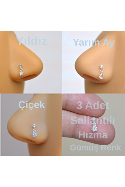 Heppii 3 Adet 925 Ayar Gümüş Sallantılı Burun Hızma Seti – Yarım Ay, Yıldız, ...