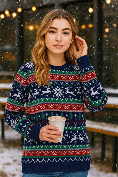 EAS GİYİM Navy Blue-White Unisex Christmas Sweater