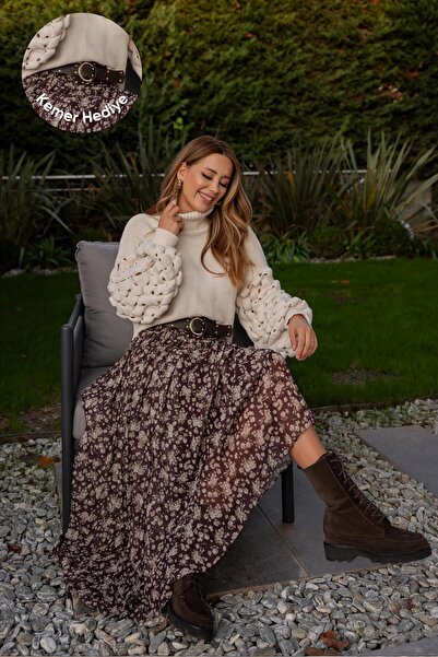 Telablanka Thick Belted Chiffon Skirt_Aci Brown