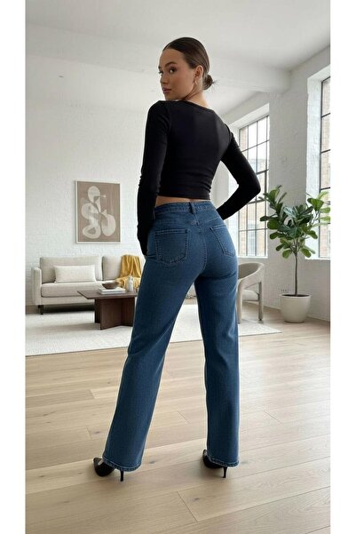 geenz manifacture Medium Blue Suny Women's High Waist Jeans Loose Denim Pants Palazzo