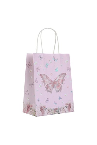 OEM Pungă cadou din hârtie kraft roz cu model fluturi și sclipici 18x10x23cm