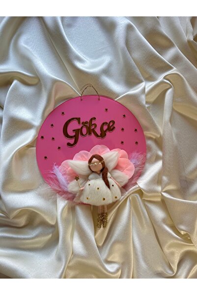 Bebika Kişiye Özel İsimli Keçe Melekli Pembe Bebek Kapı Süsü – El Yapımı
